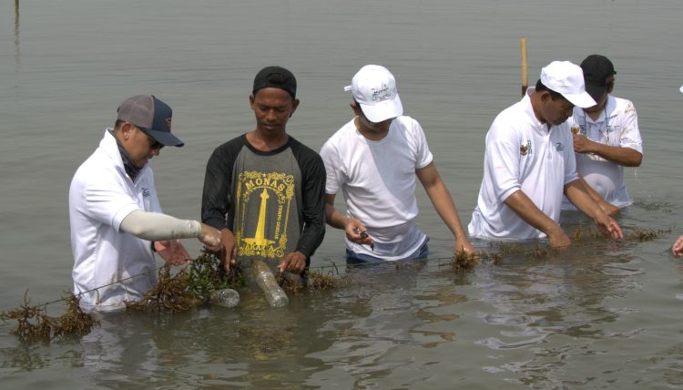 Dihan Yusro* _Sekretaris Perusahaan PT Kliring Berjangka Indonesia_ (kiri) tengah mendampingi petani rumput laut di kawasan Pantai Lontar, serang, Banten. (Foto : ist)