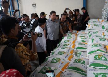 Gubernur Jambi Al Haris mendampingi Menko Perekonomian Airlangga Hartanto dalam penyaluran bantuan cadangan pangan pemerintah di provinsi Jambi. (Foto : ist)