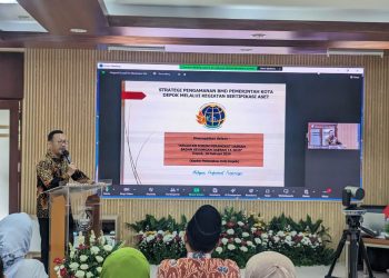 Kepala BPN Kota Depok Indra Gunawan saat menjadi pembicara di Forum Perangkat Daerah Badan Keuangan Daerah Tahun Anggaran 2025 yang diselenggarakan oleh Pemkot Kota Depok, pada Jumat, 16 Februari 2024. (Foto : ist)