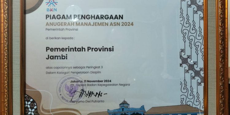 Provinsi Jambi Raih 2 Penghargaan Peringkat 3 Nasional Anugerah Manajemen ASN 2024. (Foto : ist)