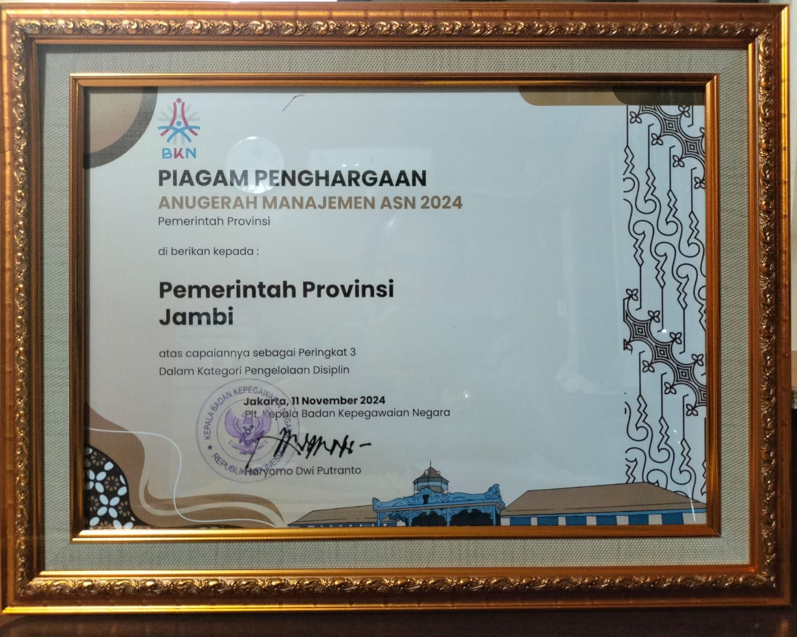 Provinsi Jambi Raih 2 Penghargaan Peringkat 3 Nasional Anugerah Manajemen ASN 2024. (Foto : ist)