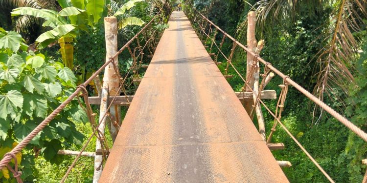 Usai Viral di Medsos, Akhirnya Jembatan Penghubung Dua Desa di Merangin Diperbaiki Seadanya. (Foto : ist)
