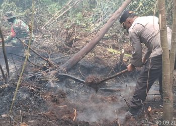Polsek Mendahara Ulu Bersama Tim Gabungan Padamkan Karhutla di Area SUTET Pematang Rahim. (Foto : ist)
