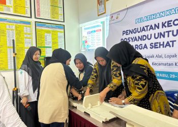 Pertamina EP Jambi melatih 40 kader Posyandu untuk memperkuat pencegahan stunting di Kecamatan Kumpeh Ulu, Muaro Jambi. Kader Posyandu mengikuti praktik pelayanan Integrasi Layanan Primer (ILP) dalam Pelatihan Kader Tangguh program GERAK BERSANDING. (Foto : ist)